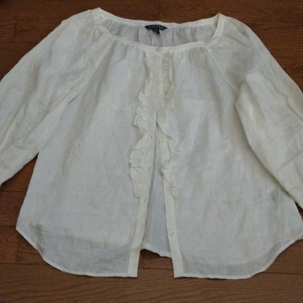 Lauren Ralph Lauren Cream Ruffle-Front Linen Blouse